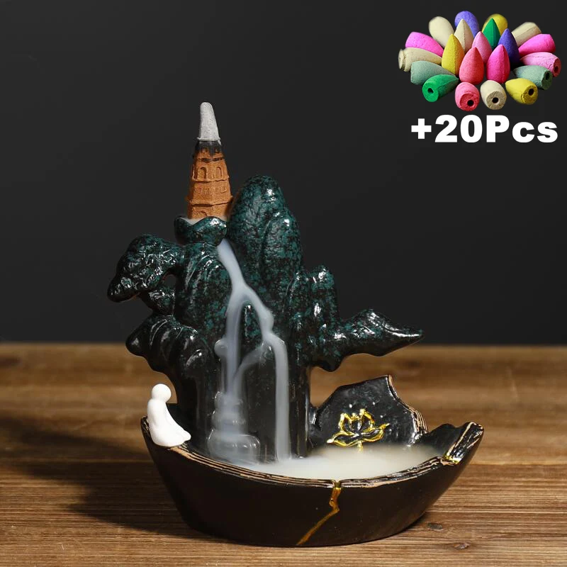 

Gift 20 Cones Waterfall Incense Burner Zen Meditation Ceramic Censer Home Decor Offfice Ornament