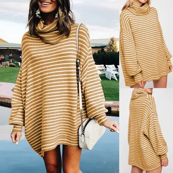 

Womens Fashion Casual New Plus Size Women Turtleneck Long Sleeve Stripe Tops Sweater
