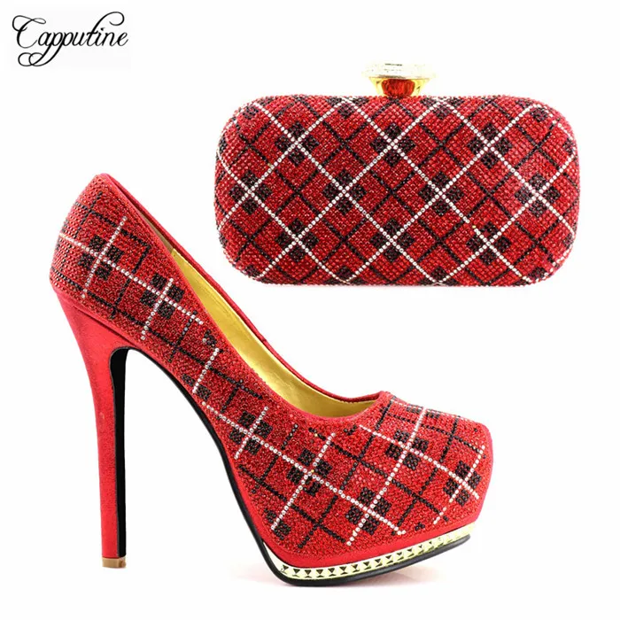 

Amazing spring/autumn red thin high heel sandal shoes and purse handbag sets with rhinestones JJC950 ,heel height 14.5cm