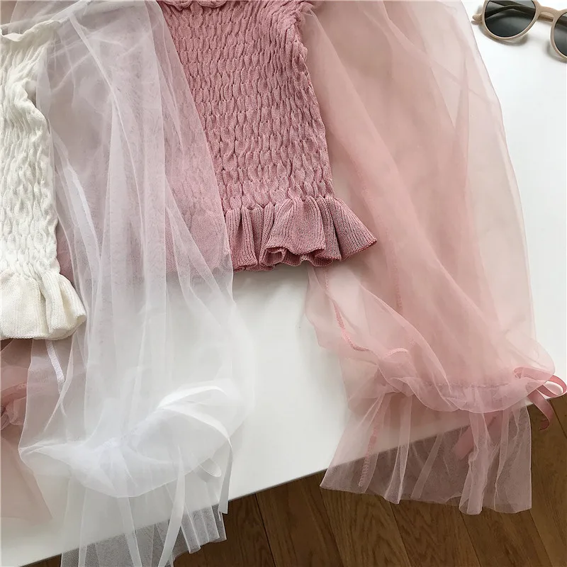 Новинка весны, винтажная короткая блузка с высокой талией, стрейчевая тонкая женская рубашка с оборками, марлевые Лоскутные блузки с рукавом-фонариком