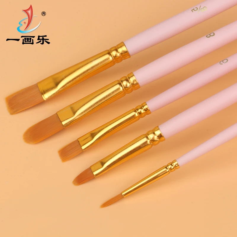 5Pcs Artist Paint Brush Set High Quality Nylon Hair Wood Pink Handle Watercolor Acrylic Oil Brush Painting Student Art Supplies 1pc high quality taklon hair wooden handle 46rt watercolor acrylic artist art paint supplies mop brush
