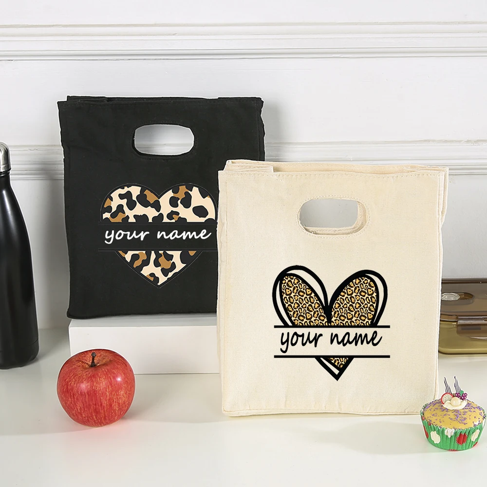 

Leopard Love Heart Custom Tote Women Lunch Bags Add Your Text Print Design Thermal Insulated Picnic Food Large Storage Customize