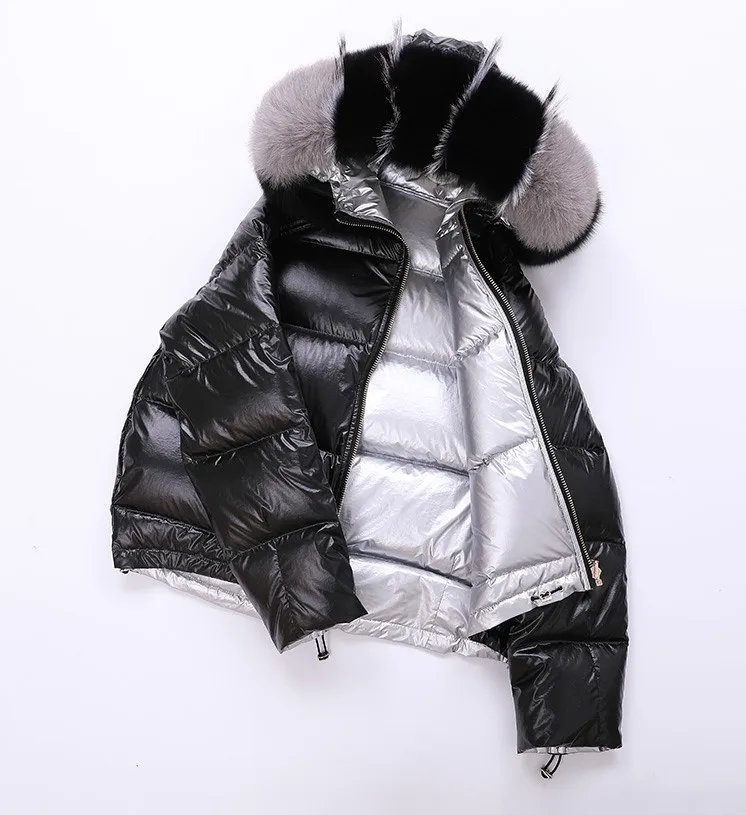 Яркий Зимний пуховик женский короткий двухсторонний модный воротник из искусственного меха зимнее пуховое пальто женская верхняя одежда