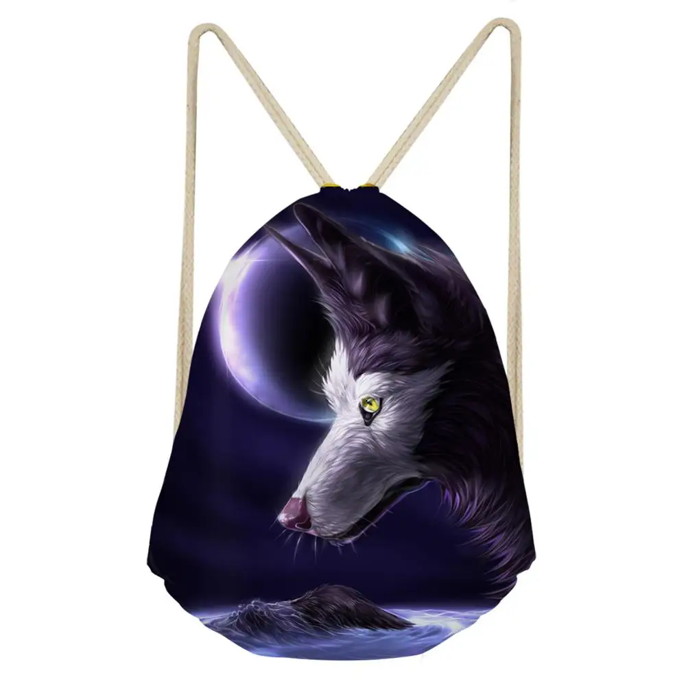 HaoYun Women's Drawstring Bags Cartoon Fantasy Wolf Pattern Beach Shoes Pockets Fashion Boys & Girls Mini Travel Organizer Bags
