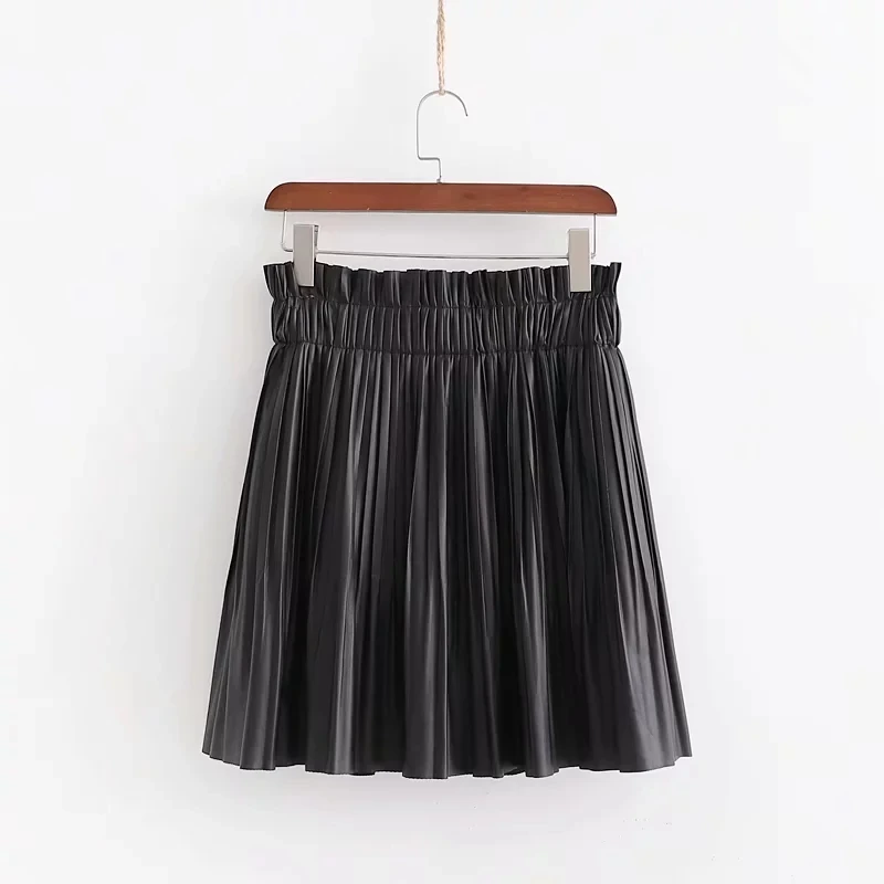Fashion black PU fur leather skirts womens Summer elastic high waist skirt 2019 sexy chic Pleated skirt femme Streetwear