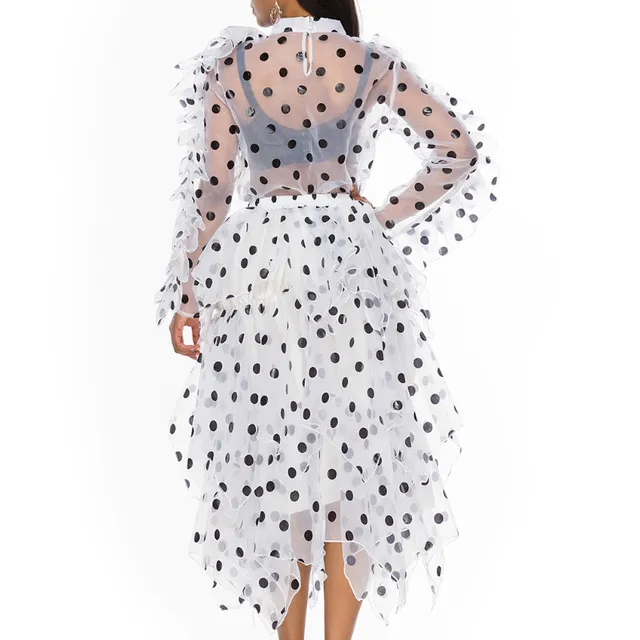 Female New Polka Dot Two Piece Set Organza Oversize Blouse Irregular Midi Skirt Sets Plus Size Womens 2022 Spring Summer Fashion 6
