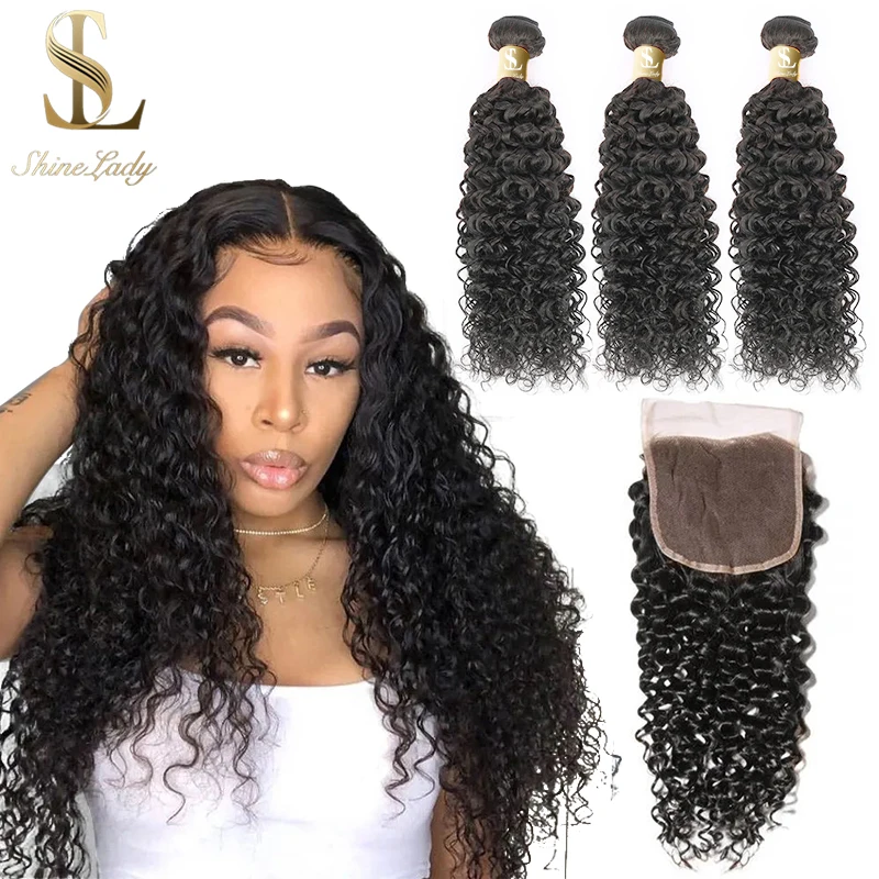 Pacotes de Cabelo Fechamento do Laço Extensões do Cabelo Encaracolado com 4*4 Shinelady Jerry Tecer Cabelo Brasileiro Pacotes Cor Natural Remy Humano 2 Pacotes com 3/4 com fecho
