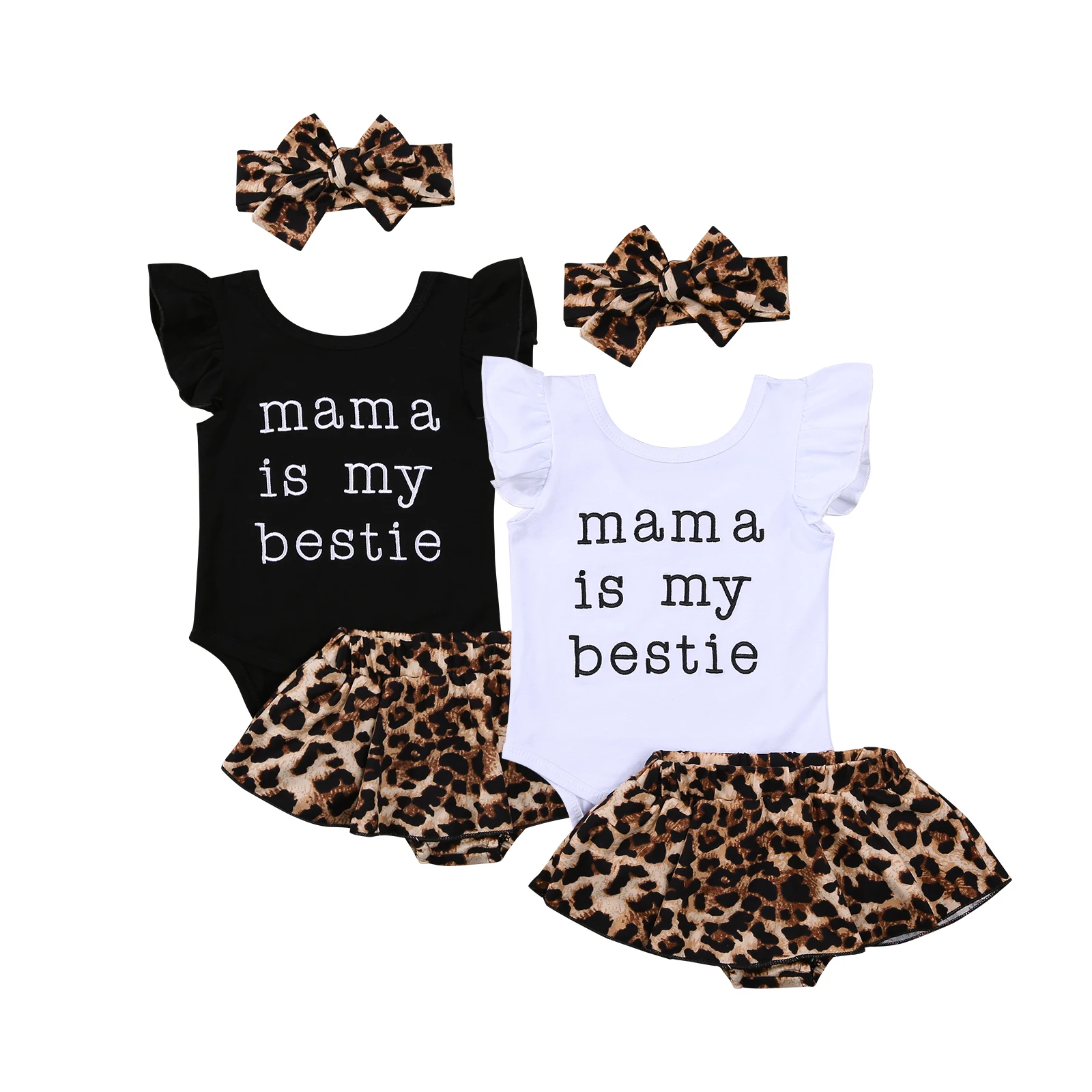 Baby Girls Two-piece Clothes Set Round Collar Fly Sleeves Romper and Leopard Printing Culottes Black/ White | Детская одежда и