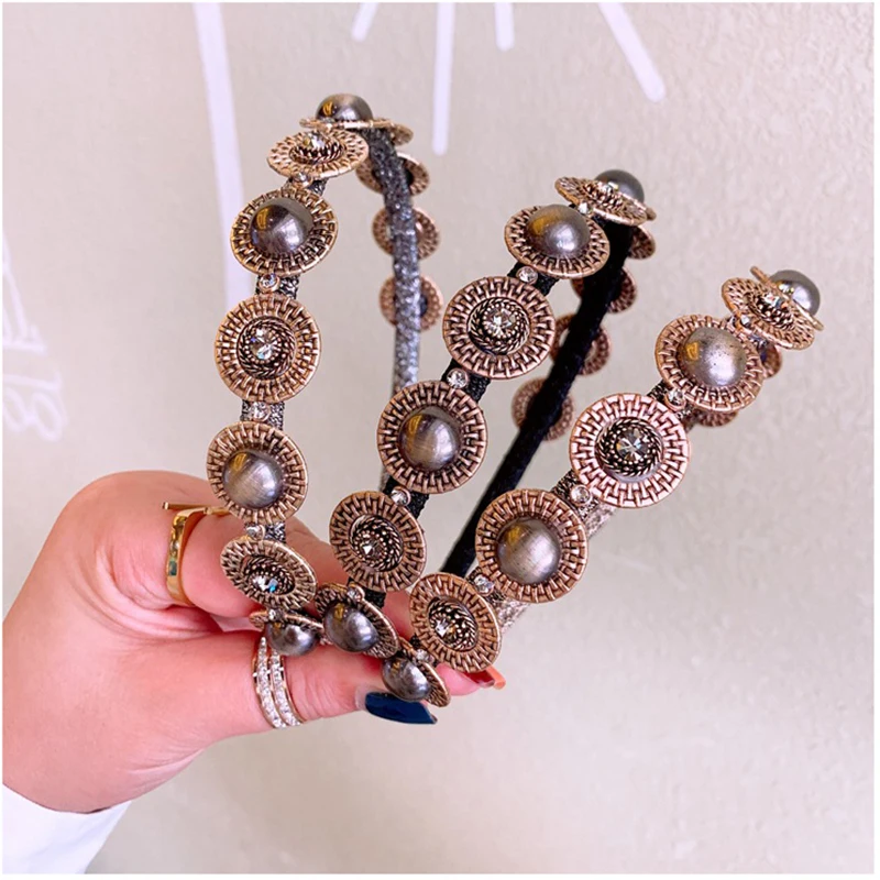 Baroque New Retro Metal Hairband Wild Simple Headband Fashion Rhinestone Hair Bands for Women Hair Hoop Jewelry Hair Accessories
