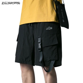 

Men Streetwear Knee Length Casual Shorts Summer Drawstring Elastic Waist Buckle Strap Pocket Mens Multi-Pockets Bermuda Shorts