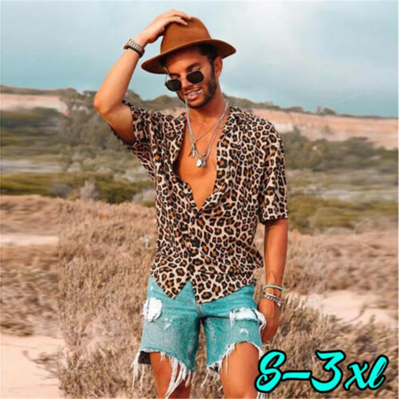

Fashion Men's Casual Summer Short Sleeve Leopard Buttoned Shirt Plus size Shirts