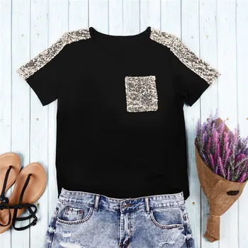 

Sequined Glitter Womens T Shirt Pocket Tee Shirts Tops Mujer Fashion Black T-shirt Women Short Sleeve Tee Summer Female Top