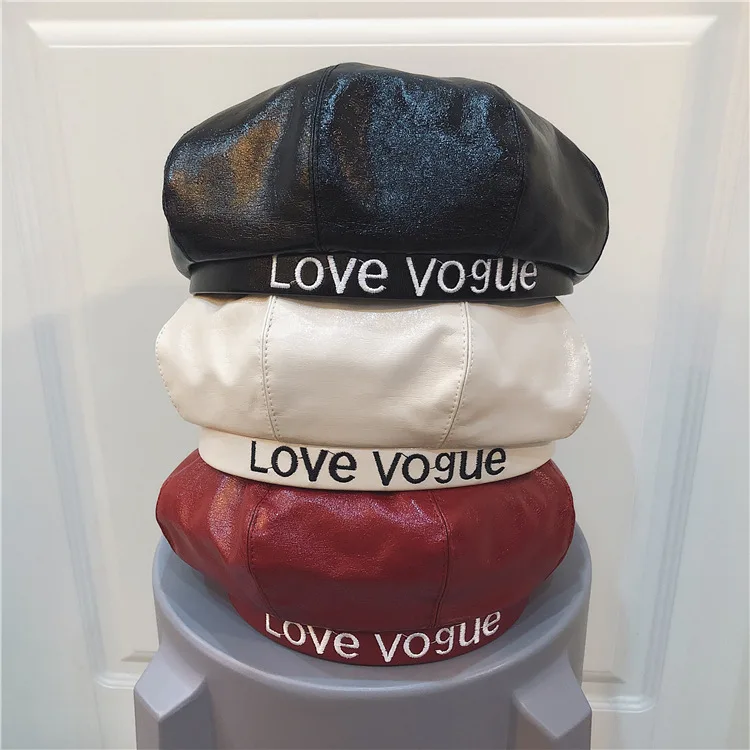 

Japanese-style Octagonal Cap Children Korean-style Autumn & Winter PU Leather Lettered Pumpkin Painter Cap Fashion England Women