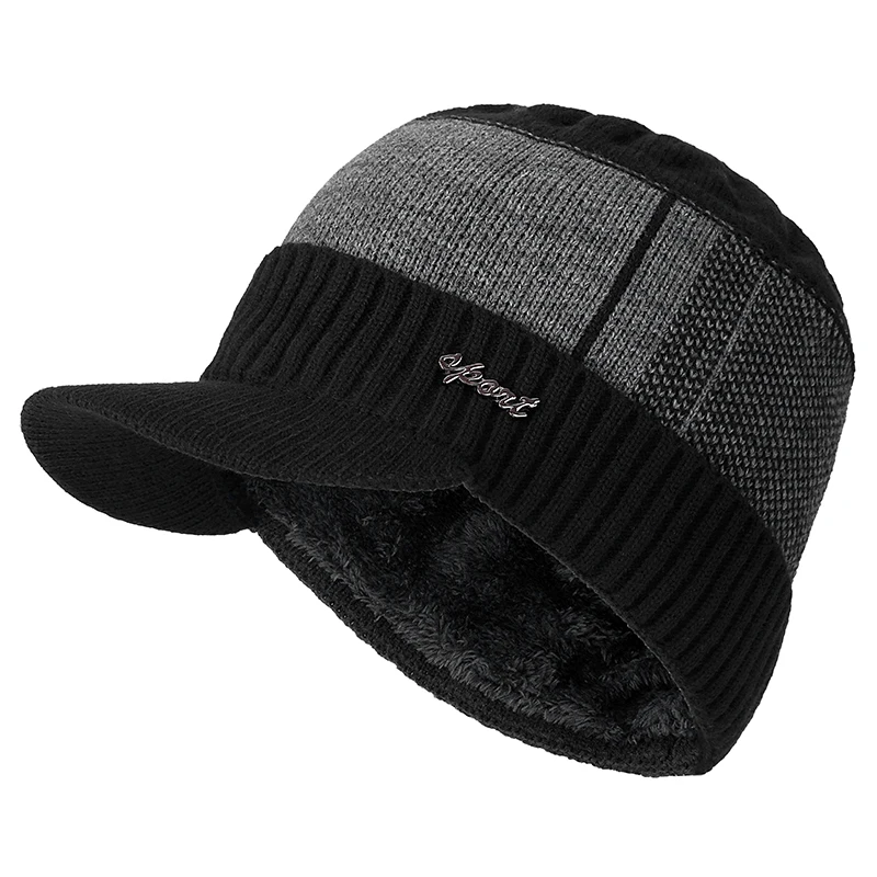 Высококачественные хлопковые зимние шапки с меховыми полями Skullies Beanies, шапка для мужчин и женщин, шерстяные шапки, маска Gorras Bonnet, вязаная шапка - Цвет: black