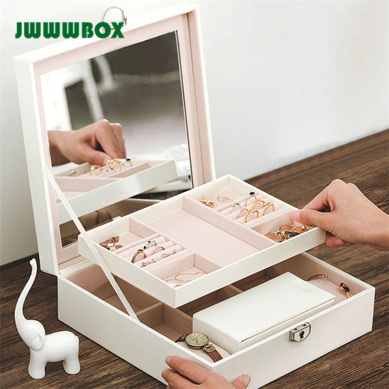 

JWWWBOX Big Jewelry Box With Mirror High Capacity Multilayers Necklaces Earrings Rings Bracelets Jewelry Packaging Display Box