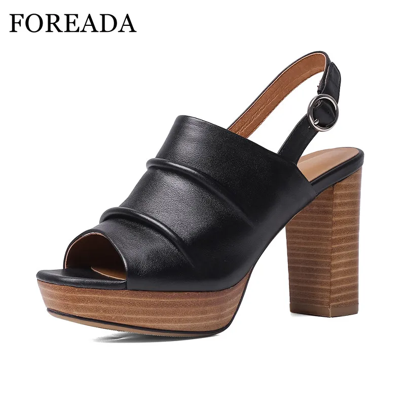 

FOREADA Woman Sandals Real Leather platform Extreme High Heels Square Toe Thick Heels Shoes Pleated Ladies Party Sandals 33-40