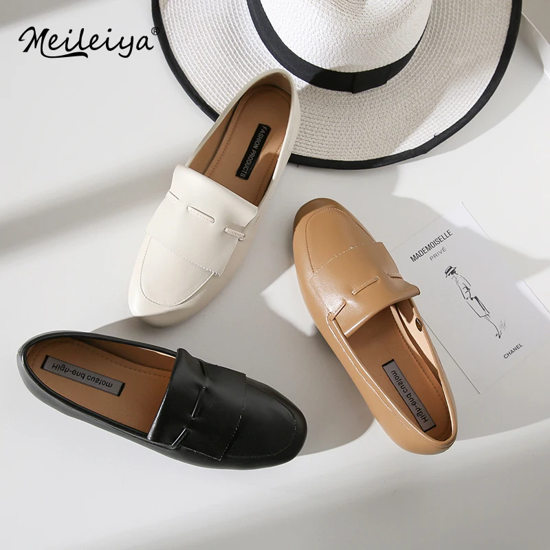 

Meileiya Leather Flats Women Square Toe Footwear Fashion Casual Female Loafers Soft Sole Shoes Woman Mules Autumn 2020 Plus Size
