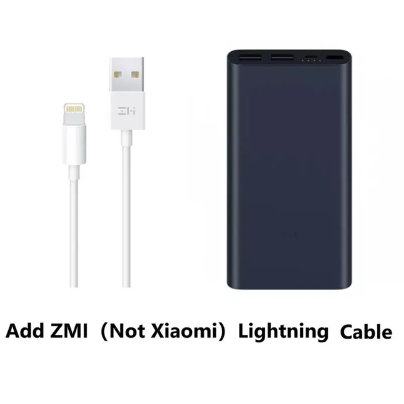 10000 мАч Xiaomi Mi power Bank 2 Внешний аккумулятор 15 Вт Quick Charge power Bank 10000 PLM09ZM с двумя выходами USB для телефона - Цвет: Add Lightning Cable
