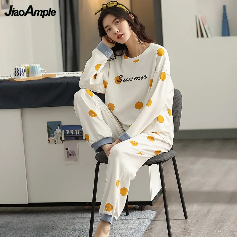100% Cotton Pajamas 2021 Autumn New O-Neck Long-sleeved Trousers Pijamas Two-piece Set Women Nightwear Pyjamas Home Clothes Suit