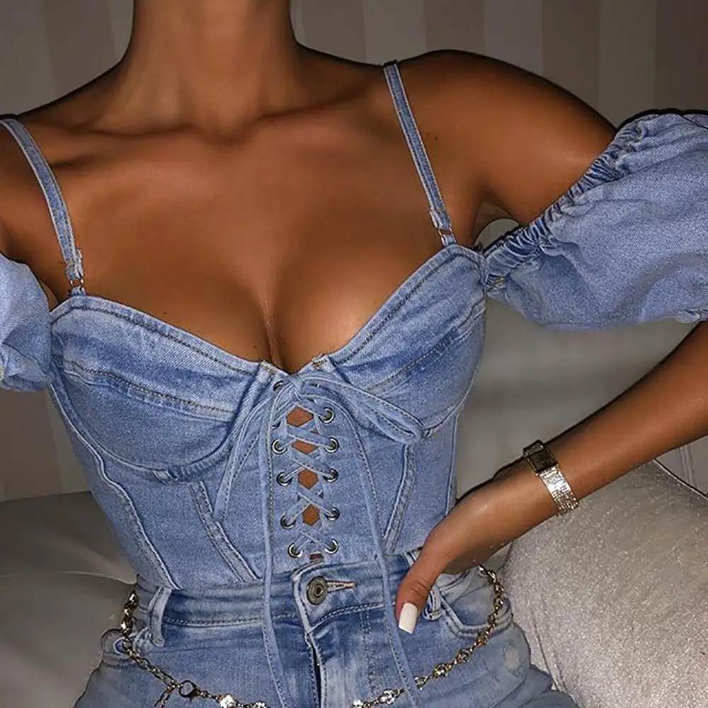 Women Denim Crop Top Strap Streetwear Sexy Lace Up Slim Lady Bralette Tops Vest Camisole Women Camis Blsusas