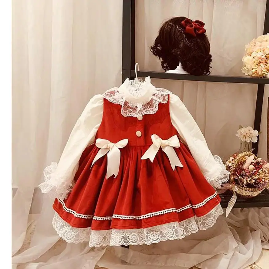 Одежда для маленьких девочек; сезон осень-зима; Испанское Красное вельветовое платье с вышивкой в стиле ретро; испанское платье на день рождения и Рождество для девочек; Y2585