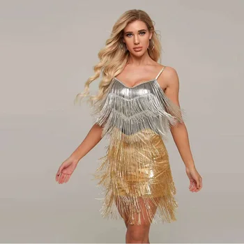 

2019 Latest Silver Gold Fashion Tassel Sexy Backless V Neck Mini Dresses Women Summer Sleeveless Bodycon Party Leather Vestidos