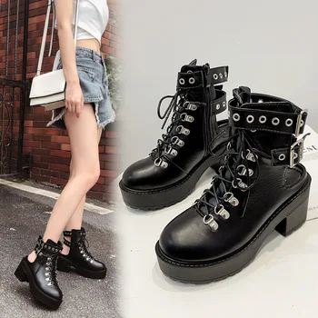 

Sexy Boots Winter Shoes For Women Round Toe Booties Woman 2020 High Heels Luxury Designer Lace Up Clogs Platform Boots-women