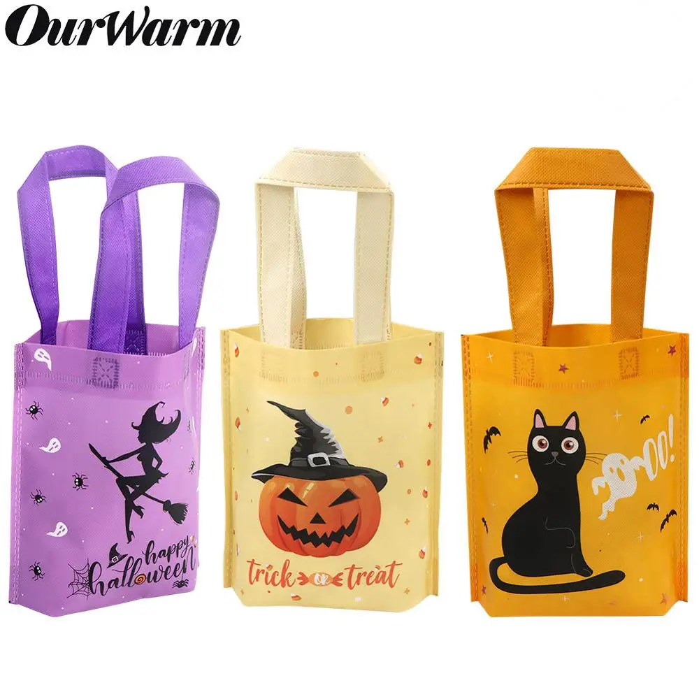 OurWarm 6 шт Хэллоуин трюк или обработать пакеты с ручками тыква кошка Хэллоуин конфеты мешок мешки для детей нетканые подарочные мешки