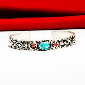 

Tibetan Jewelry Handicrafts Copper Inlaid Simulated Turquoises Vintage Open Bangle BB-012