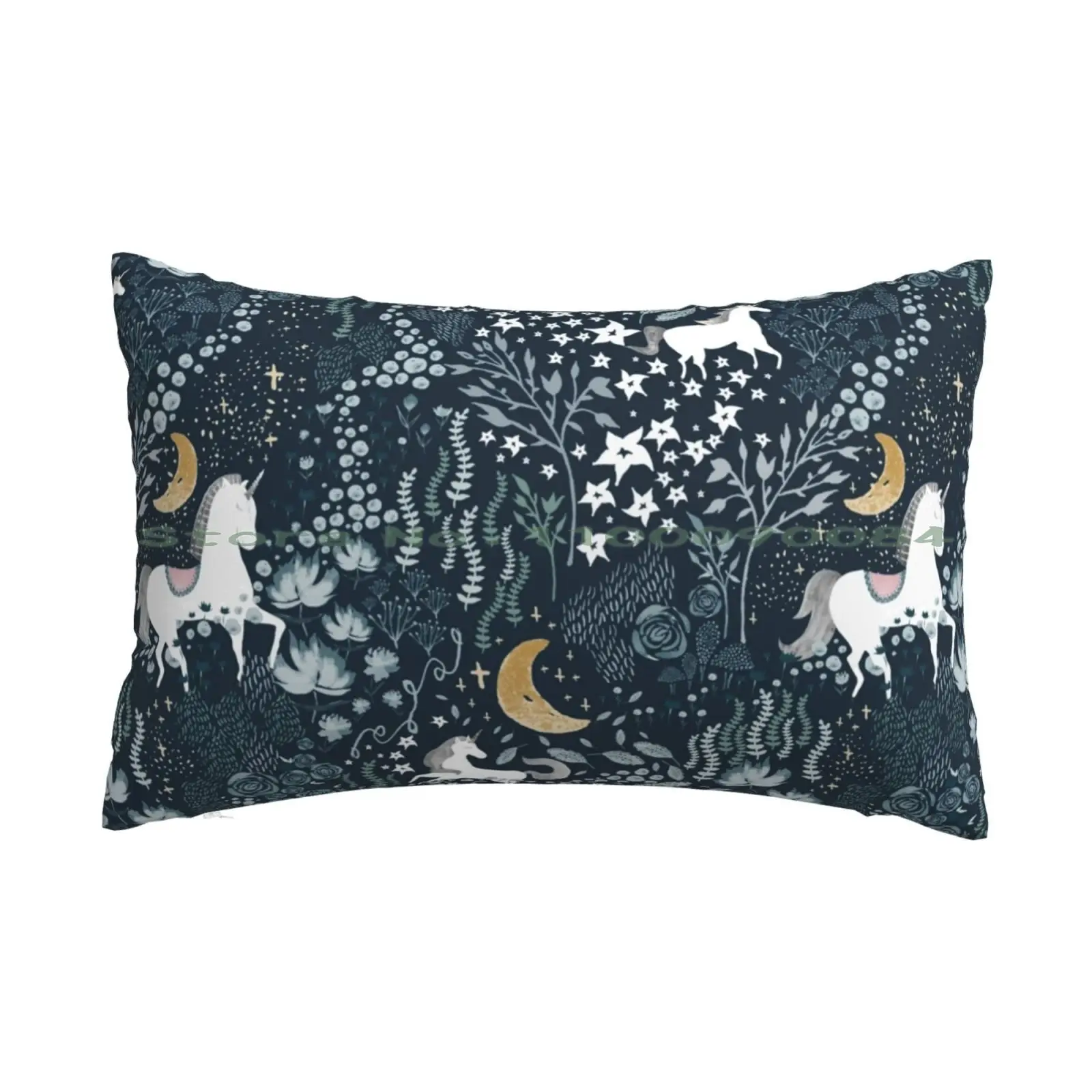 

Unicorns Fields-Moody Blue Pillow Case 20x30 50*75 Sofa Bedroom Moon Flowers Garden Kids Art Mythical Animal Magical Unicorn