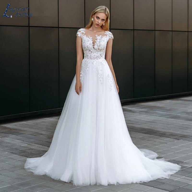 grace kelly wedding dress Cap Sleeves Tulle 2022 Wedding Dress  A-Line O-Neck Beach Party Bridal Gown ILLUSION Button Lace  Appliques Vestido De Noiva sexy wedding dresses