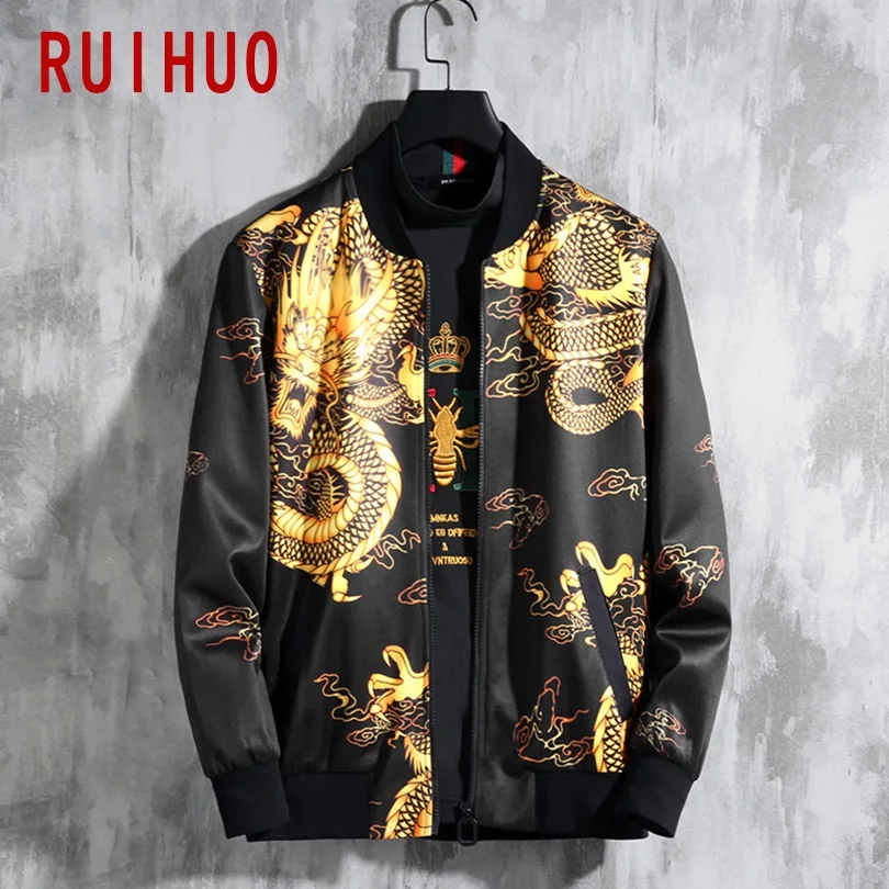 RUIHUO куртка с принтом Золотого Дракона, мужская уличная куртка-бомбер, мужская куртка в стиле хип-хоп, мужская куртка, ветровка, 5XL, Новинка осени
