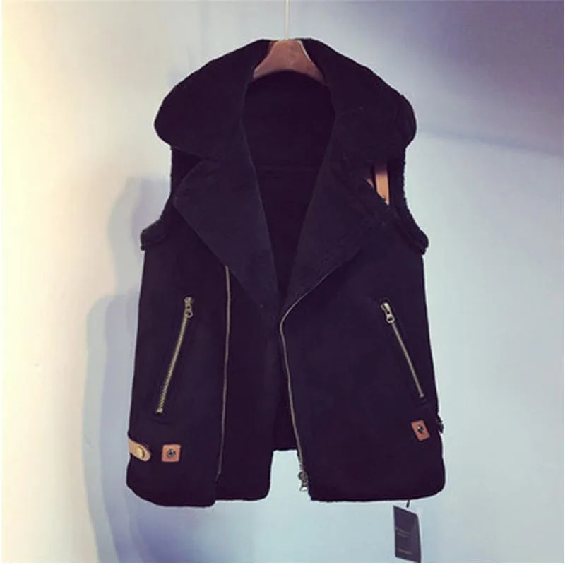 black Стильный замшевый жилет из овечьей шерсти, толстая зимняя куртка, женские теплые парки на молнии, кардиган без рукавов, верхняя одежда, хлопковый жилет, жилет C3539 - Цвет: black