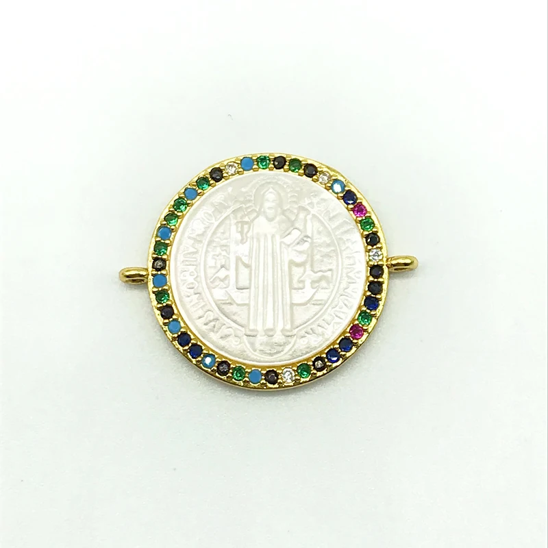 

5PCS/Lot Natural San Benito Mother of Pearl Shell Jesus Connctor For Bracelets Rainbow Color CZ Paved