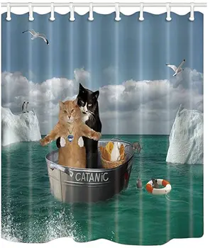 

Funny Animal Decor Shower Curtains Romantic Catanic Two Cats on Sea Bath Curtains