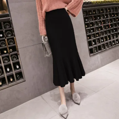 Мода bodycon труба/Русалка вязаные юбки женские офисные сексуальные с высокой талией Зимние юбки женские эластичные тонкие jupe черный белый