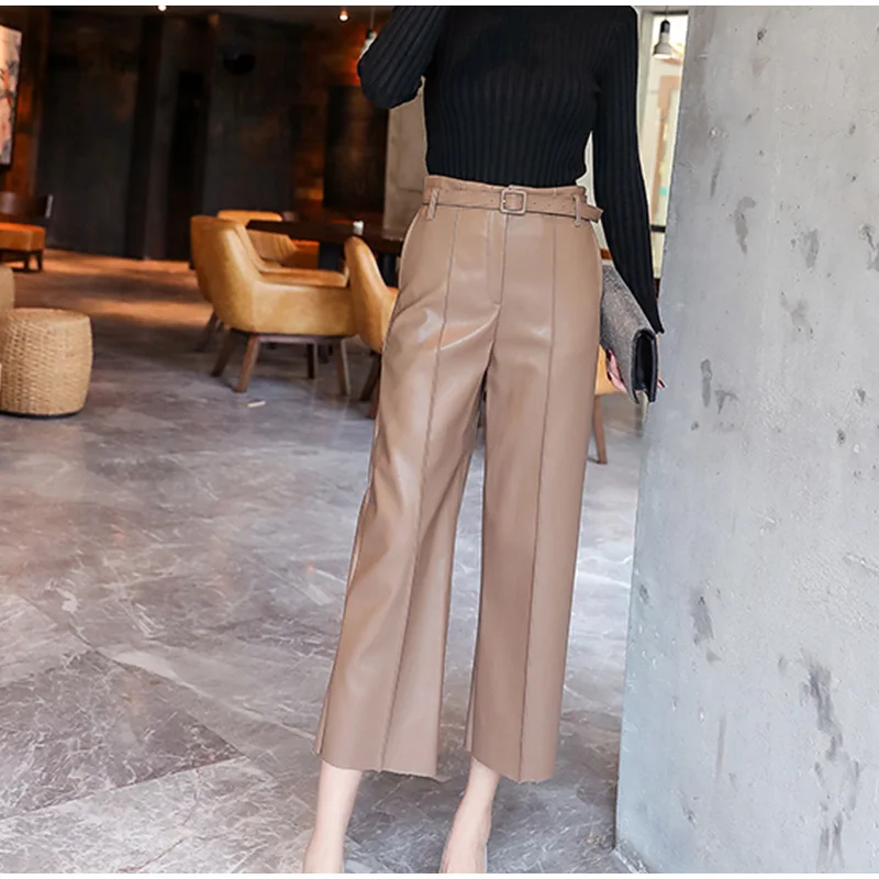 Autumn Faux PU Leather Pants Women With Belt High Waisted Wide Leg Anke-length Women's Trousers Winter NEW Fashion Clothes