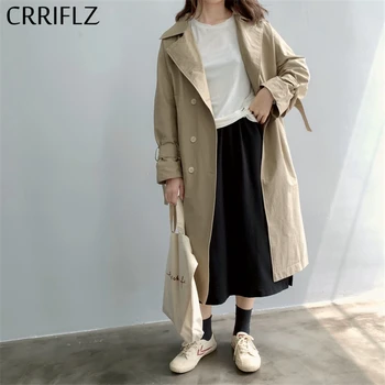 

CRRIFLZ 2020 New Autumn Medium Long Trench Coat Women Casual Double Breasted Windbreaker