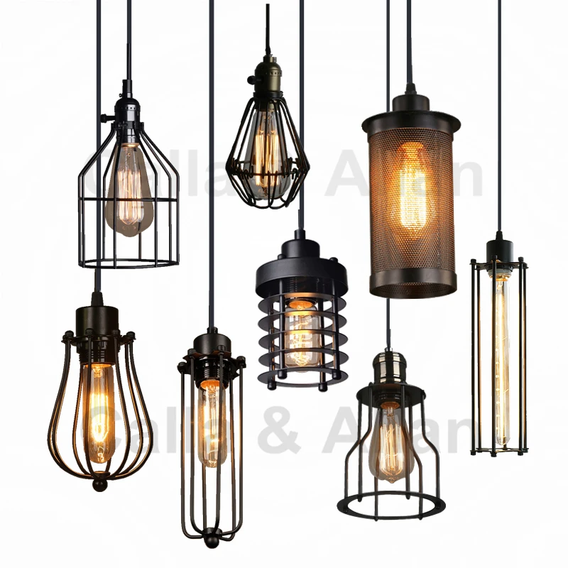 American vintage pendant lights iron black cage hanging bell pendant lamp E27 110V 220V For dinning room home decor planetarium