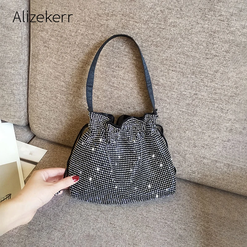 

Bling Diamonds Evening Bag Women Designer String Small Bucket Handbags High Quality Shoulder Bags Ladies Dinner Clutch Purse New