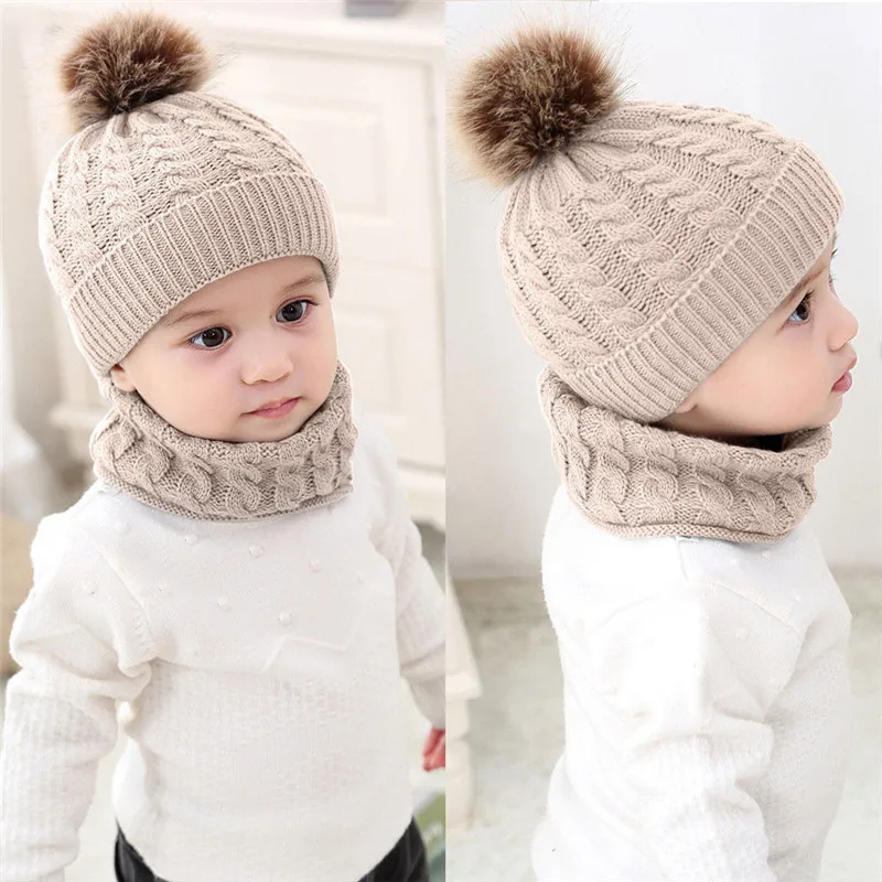 2 шт, детская шапка Девочки Мальчики, зимняя теплая вязаная шапочка+ шарф, теплый комплект