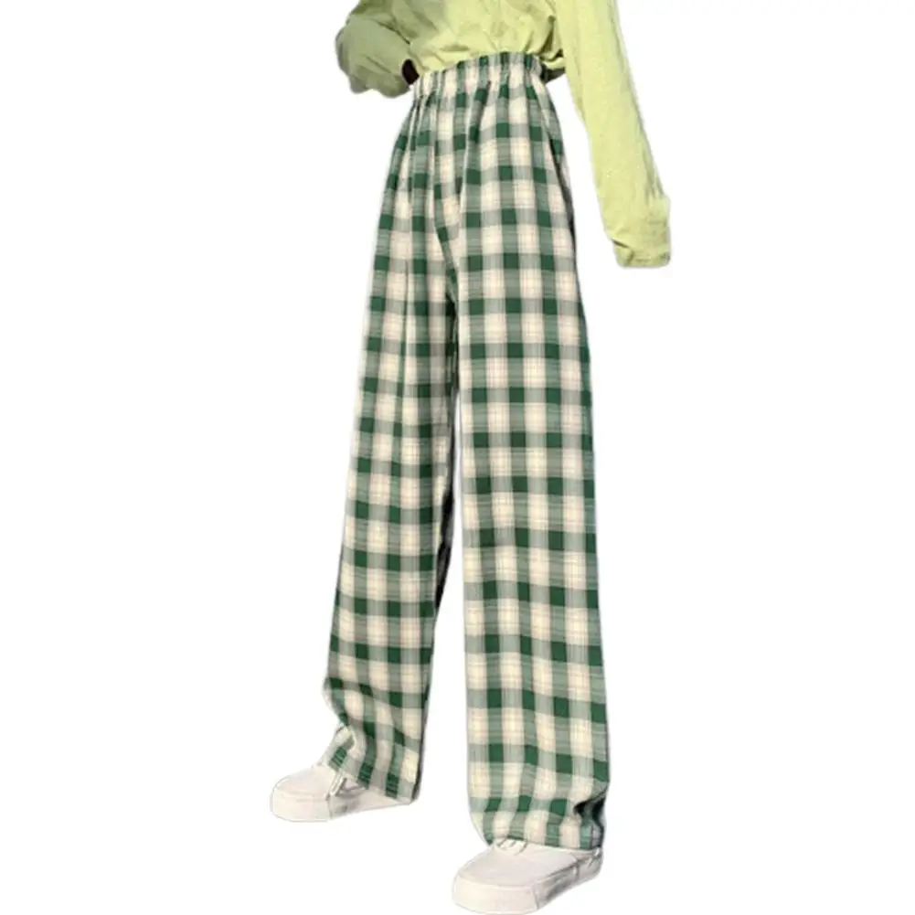 Women's Wide-leg Trousers Plaid Casual Mid-waist is Thinner and High-loose Fashion Mid-waist Trousers Dark Green Grid Pattern mother of the bride pant suits