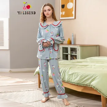 

New Products Japanese-style Pure Cotton Tracksuit Women's Spring And Autumn Students Cute Cartoon Cat Large Lapel Cardigan Pajam