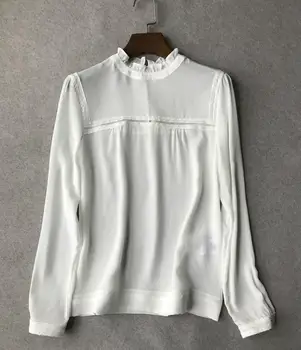

Women Long Sleeve Shirt 100% Silk French Style Elegant Female Clothes Lace Patchwork Blouse