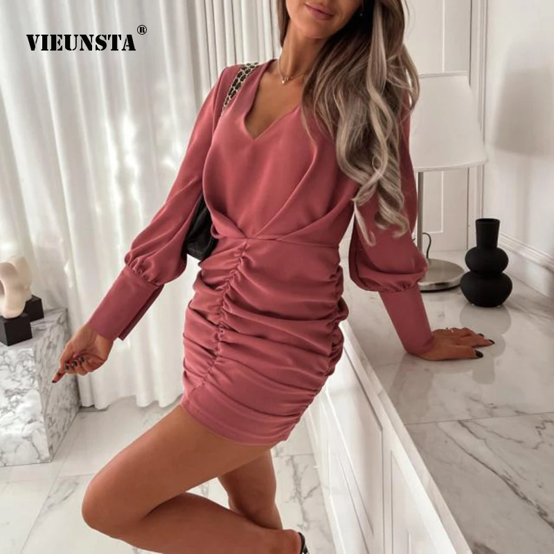 

Vestido 2021 Autumn Winter New Fashion Buttons Decorate Mini Skirt Folds Long Sleeve Dress Women's Sexy Elegant V-Neck Dress Y2K