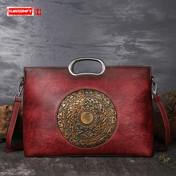 

HANSOMFY Women Handbags Retro Handmade Large Capacity Embossed Hand-painted Totem Shoulder Messenger Bags First Layer of Leather