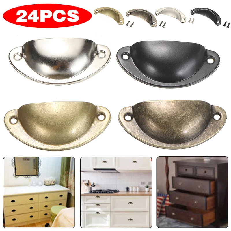 24 Pcs/set 4Colors Antique Iron Shell Cup Pull Handle Vintage Shell Drawer Pull Knob Handle for Kitchen Drawer Cabinet Door Home