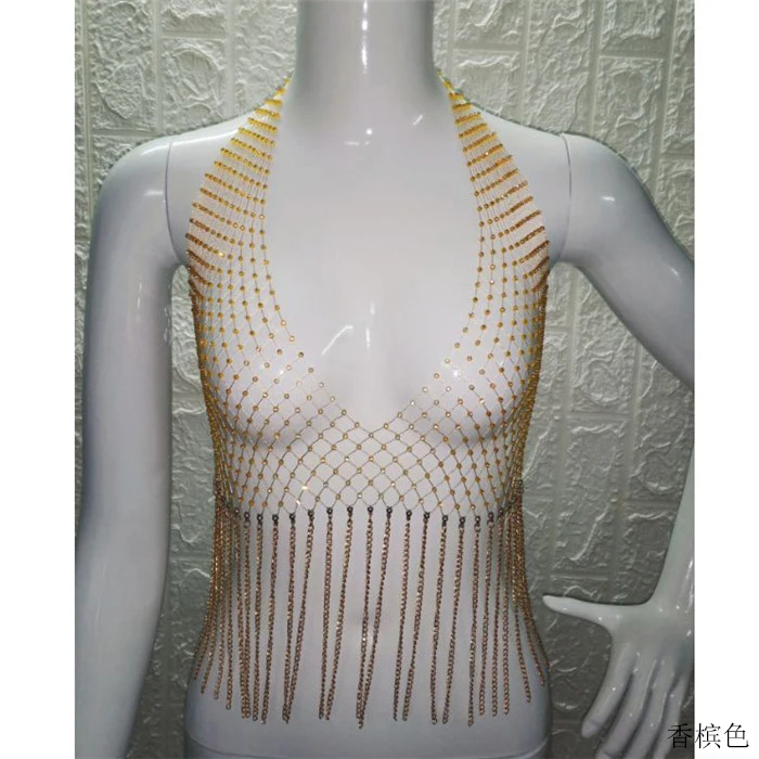 Блестящая СТРАЗА в сеточку Camis Женская Глубокий v-образный Вырез Холтер топик без спинки Camis Летняя мода сексуальное платье для вечеринки кисточка Camisole - Цвет: Champagne