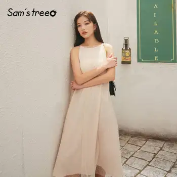 

SAM'S TREE Apricot Solid Dot Casual Women Maxi Party Dresses 2020 Spring Contrast Mesh Slash Neck Sleeveless Girly Holiday Dress