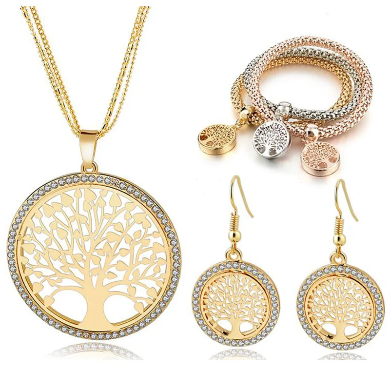 

ATTRACTTO Fashion Tree of Life Jewelry Necklace Earrings Sets Gold For Women Bridal Elegant Lady Wedding Jewelry Set SET160008GD